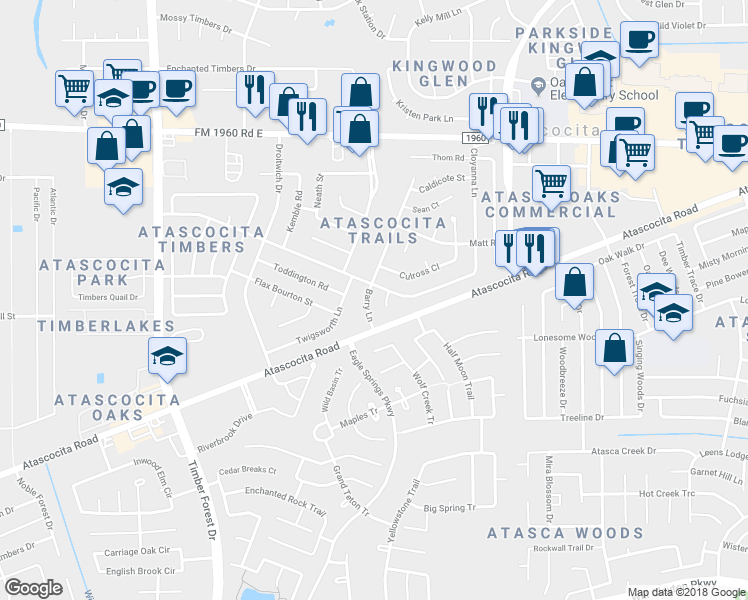 map of restaurants, bars, coffee shops, grocery stores, and more near 18810 Barry Lane in Humble