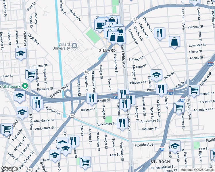 map of restaurants, bars, coffee shops, grocery stores, and more near 2060 Pleasure Street in New Orleans