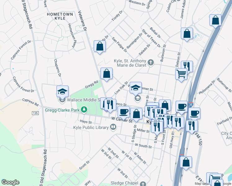 map of restaurants, bars, coffee shops, grocery stores, and more near 411 Live Oak Street in Kyle