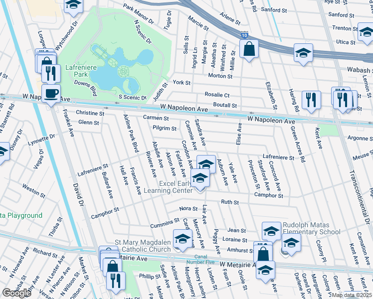 map of restaurants, bars, coffee shops, grocery stores, and more near Lafreniere St & Condon Ave in Metairie