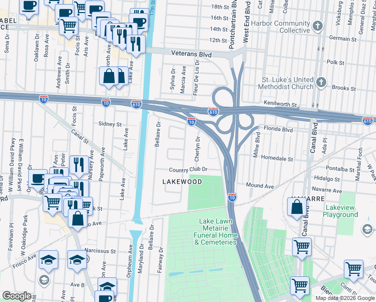 map of restaurants, bars, coffee shops, grocery stores, and more near 5565 Marcia Avenue in New Orleans
