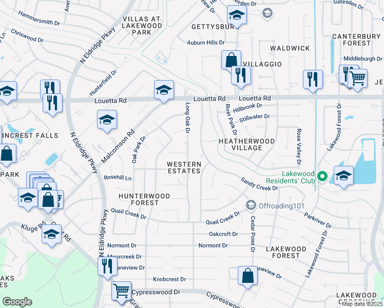 map of restaurants, bars, coffee shops, grocery stores, and more near 15014 Long Oak Drive in Houston