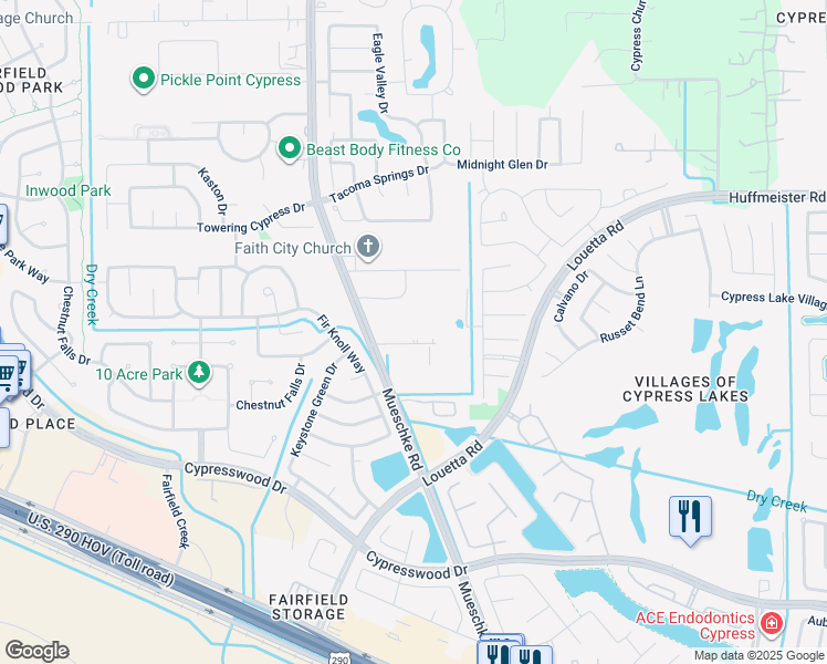 map of restaurants, bars, coffee shops, grocery stores, and more near 14928 Mueschke Road in Cypress
