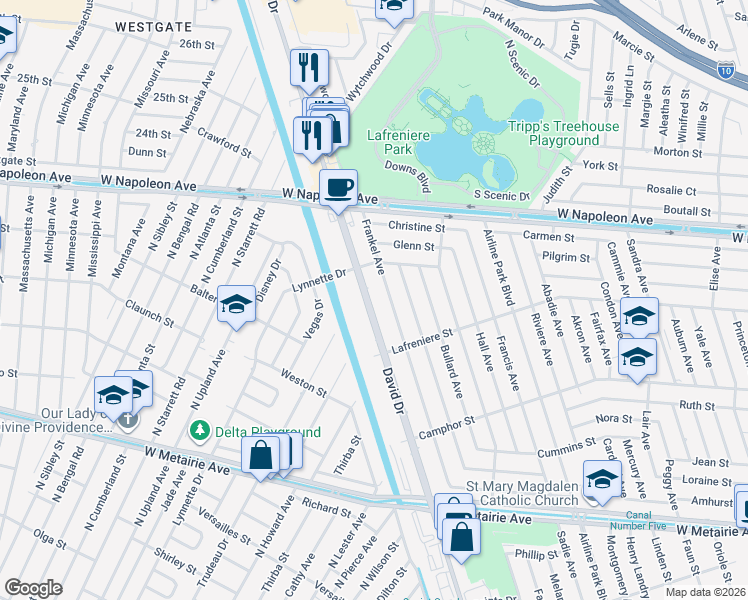 map of restaurants, bars, coffee shops, grocery stores, and more near 1717 David Drive in Metairie