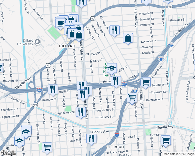 map of restaurants, bars, coffee shops, grocery stores, and more near 3325 Marigny Street in New Orleans