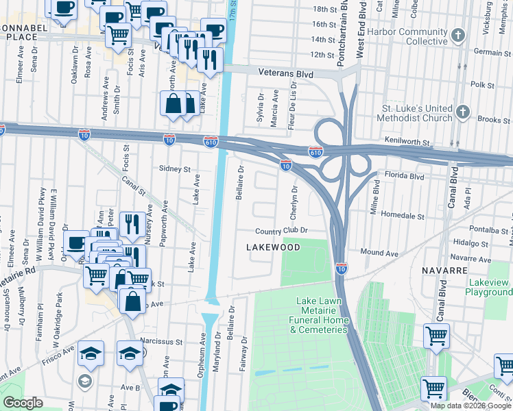 map of restaurants, bars, coffee shops, grocery stores, and more near 5561 Jacquelyn Court in New Orleans