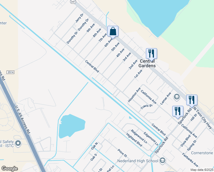 map of restaurants, bars, coffee shops, grocery stores, and more near 3515 Central Blvd in Nederland