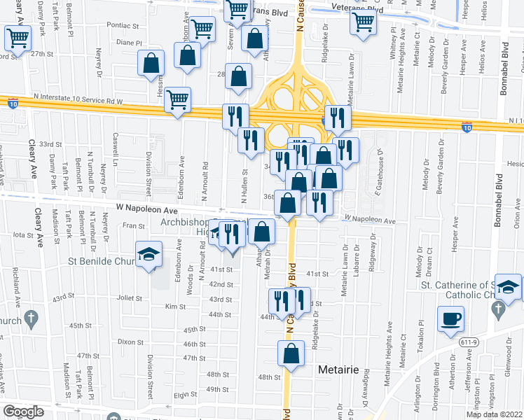 map of restaurants, bars, coffee shops, grocery stores, and more near 2001 Athania Pkwy in Metairie