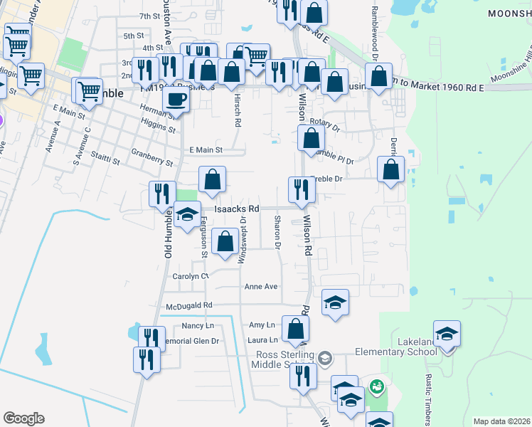 map of restaurants, bars, coffee shops, grocery stores, and more near 502 Lakeland Drive in Humble