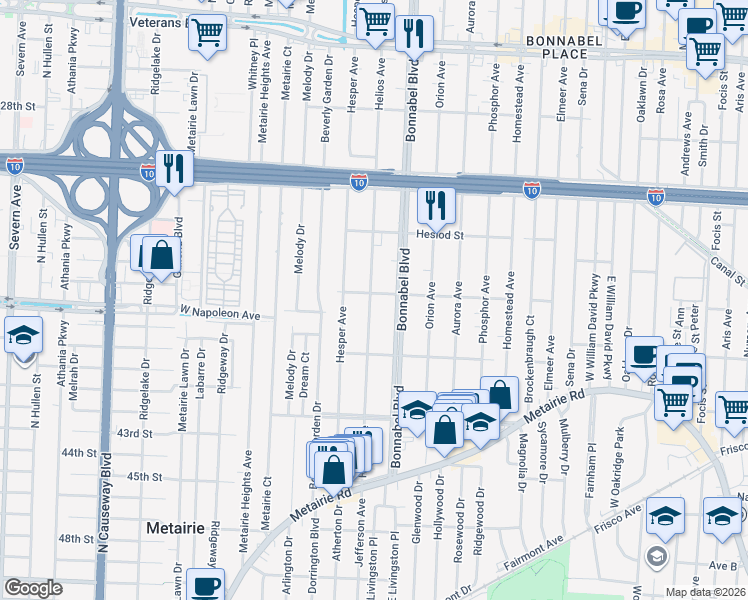 map of restaurants, bars, coffee shops, grocery stores, and more near 1816 Homer Street in Metairie
