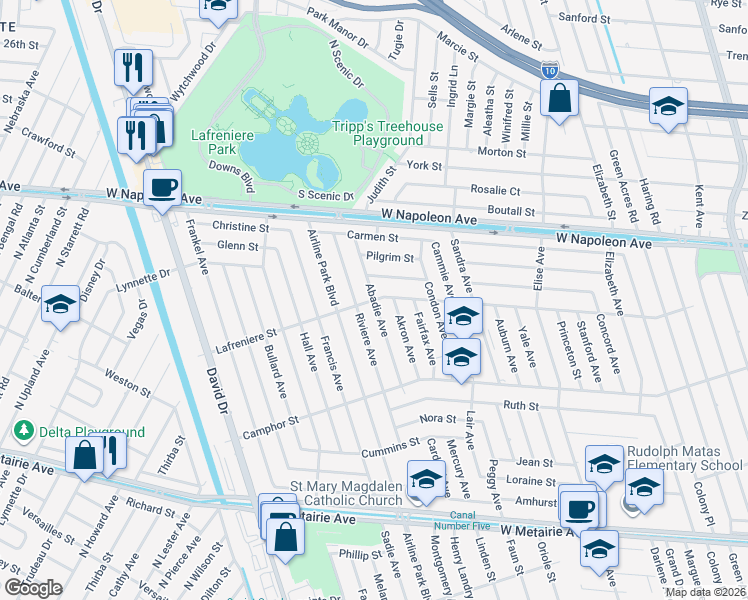 map of restaurants, bars, coffee shops, grocery stores, and more near 1900 Abadie Avenue in Metairie