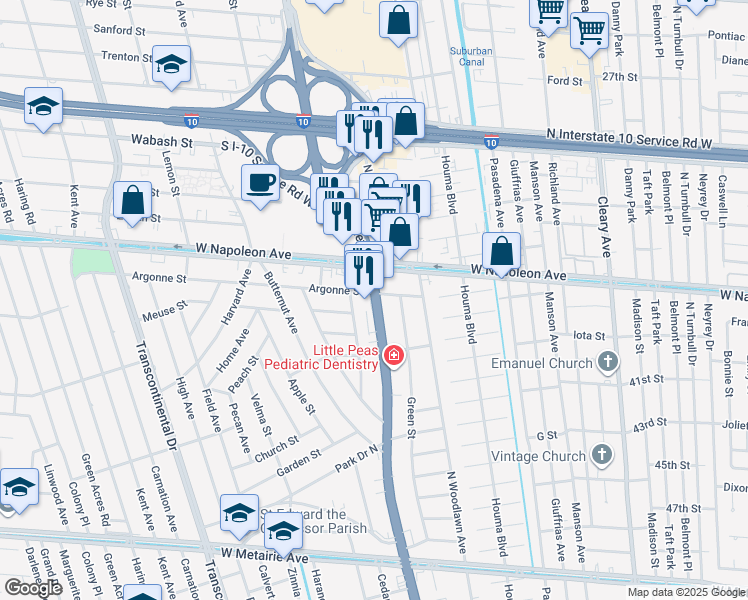 map of restaurants, bars, coffee shops, grocery stores, and more near 2016 Clearview Parkway in Metairie