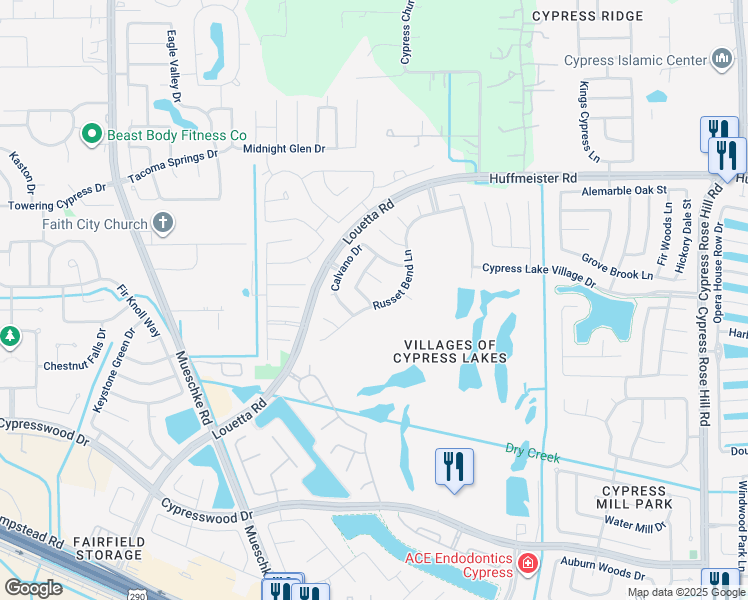 map of restaurants, bars, coffee shops, grocery stores, and more near 15003 Russet Bend Lane in Harris County