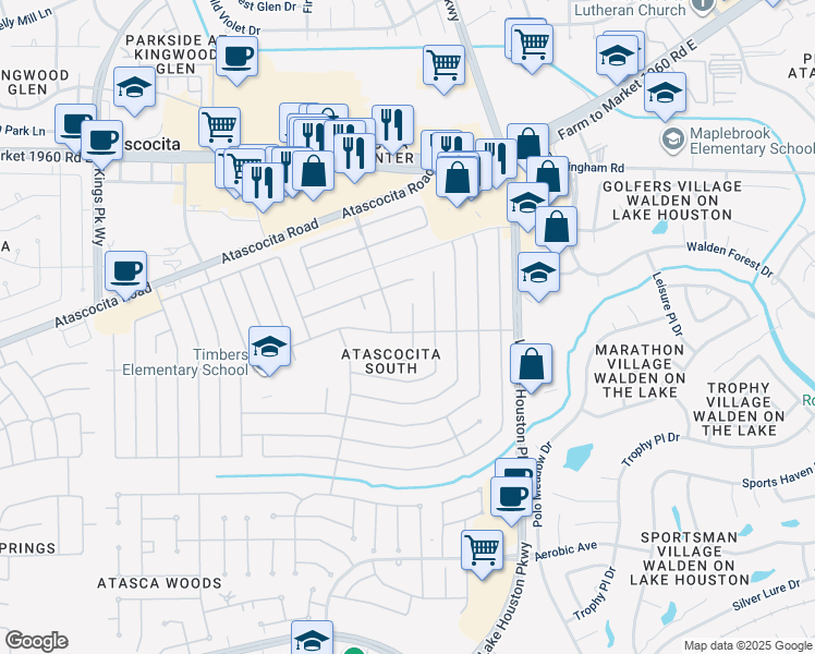 map of restaurants, bars, coffee shops, grocery stores, and more near 18903 Oak Bower Drive in Humble