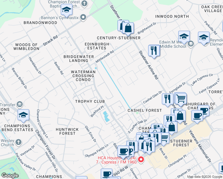 map of restaurants, bars, coffee shops, grocery stores, and more near 14530 Bending Maple Drive in Houston