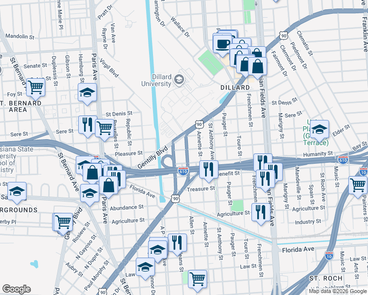map of restaurants, bars, coffee shops, grocery stores, and more near 3400 Allen Street in New Orleans