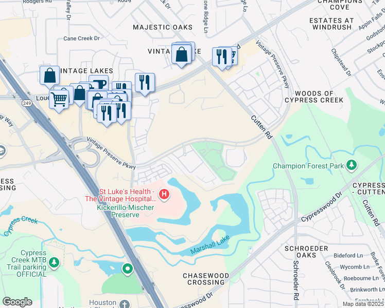 map of restaurants, bars, coffee shops, grocery stores, and more near 14700 Vintage Preserve Parkway in Houston