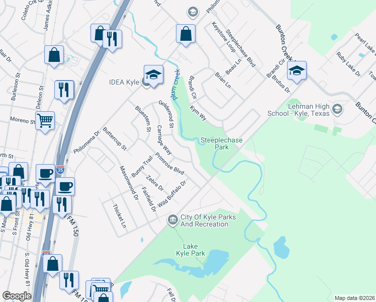 map of restaurants, bars, coffee shops, grocery stores, and more near 770 Goldenrod Street in Kyle