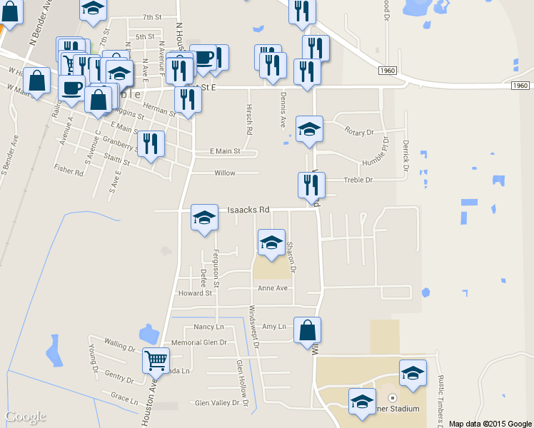 map of restaurants, bars, coffee shops, grocery stores, and more near 502 Lakeland Drive in Humble