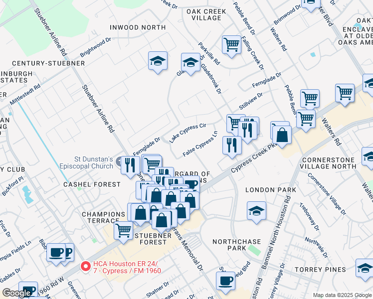 map of restaurants, bars, coffee shops, grocery stores, and more near 4203 False Cypress Lane in Houston