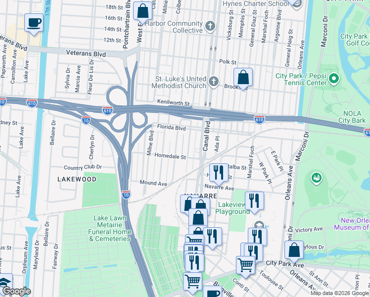 map of restaurants, bars, coffee shops, grocery stores, and more near 5620 Hawthorne Place in New Orleans