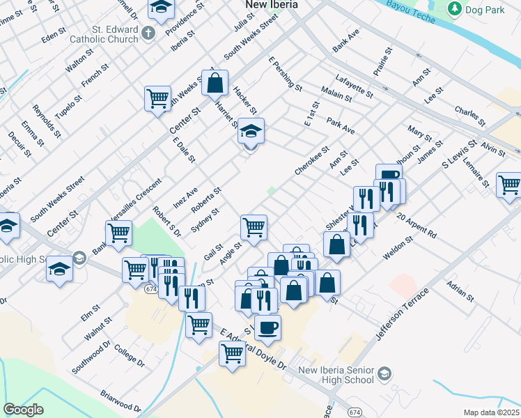 map of restaurants, bars, coffee shops, grocery stores, and more near 708 China Street in New Iberia