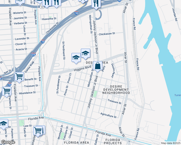 map of restaurants, bars, coffee shops, grocery stores, and more near 3404 Metropolitan Street in New Orleans