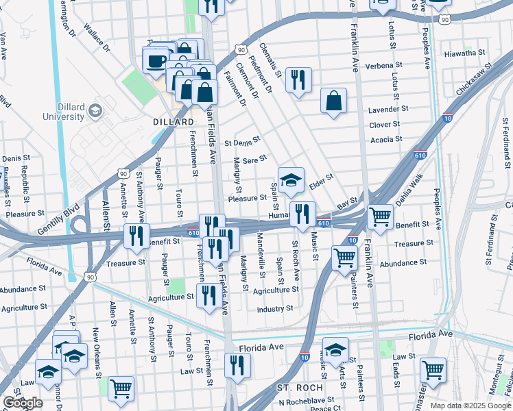 map of restaurants, bars, coffee shops, grocery stores, and more near 3325 Marigny Street in New Orleans