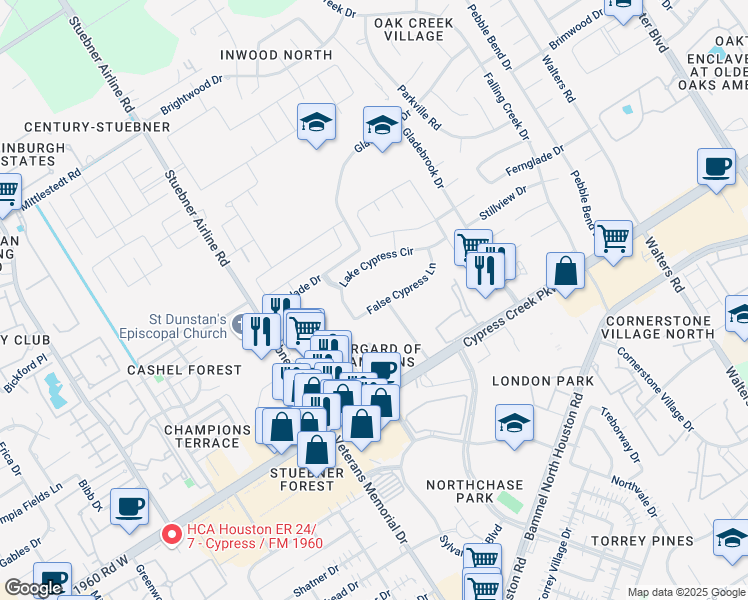 map of restaurants, bars, coffee shops, grocery stores, and more near 4203 False Cypress Lane in Houston