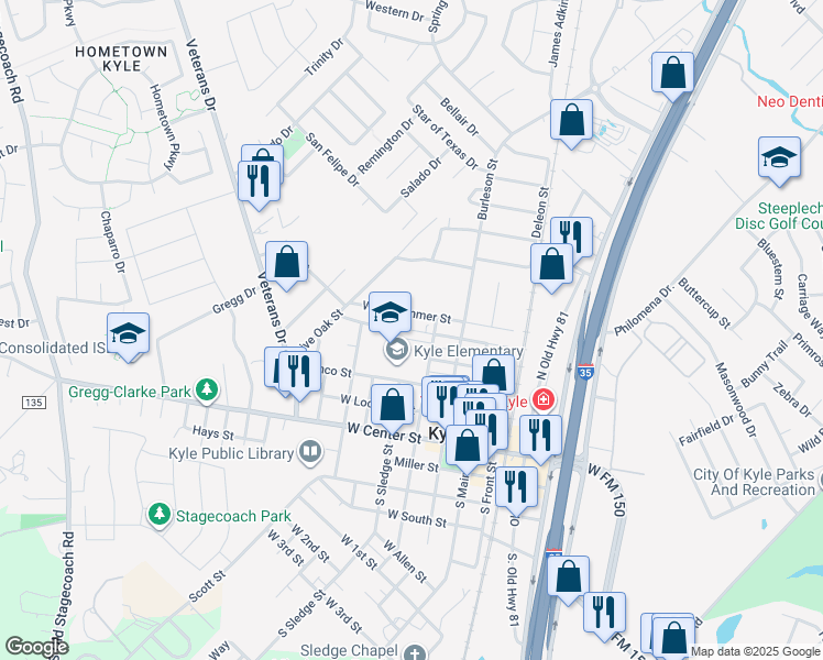 map of restaurants, bars, coffee shops, grocery stores, and more near 412 North Street in Kyle