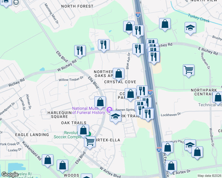 map of restaurants, bars, coffee shops, grocery stores, and more near 335 Pennbright Drive in Houston