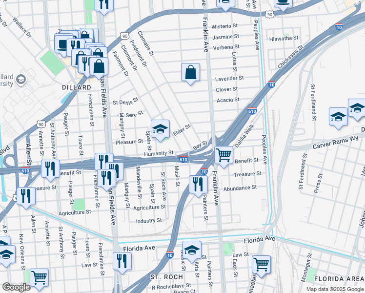 map of restaurants, bars, coffee shops, grocery stores, and more near 3317 Clermont Drive in New Orleans