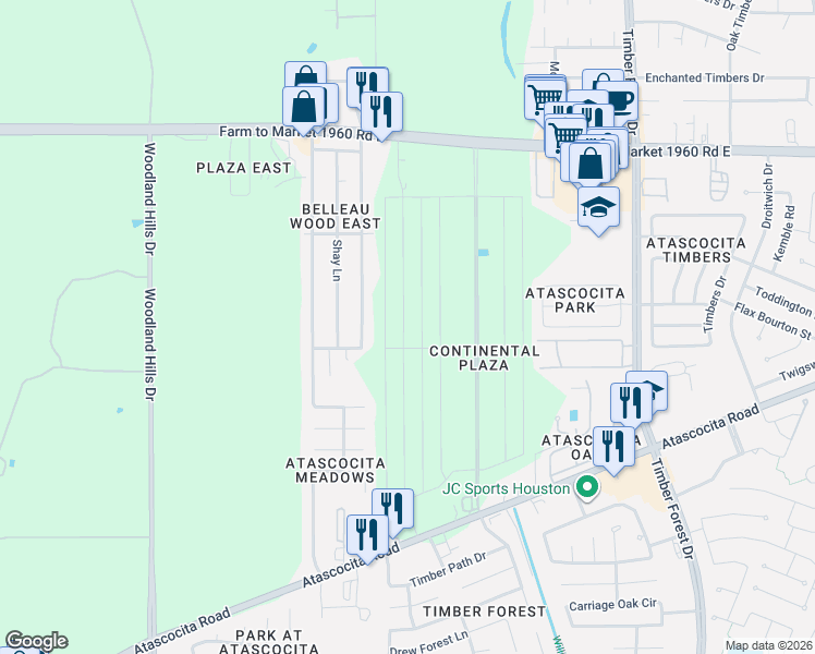 map of restaurants, bars, coffee shops, grocery stores, and more near Indian Ocean Drive in Atascocita