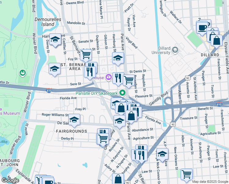 map of restaurants, bars, coffee shops, grocery stores, and more near 1500 Lafreniere Street in New Orleans