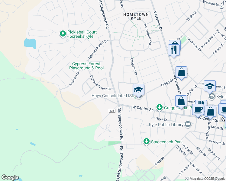 map of restaurants, bars, coffee shops, grocery stores, and more near 101 Cypress Forest Drive in Kyle