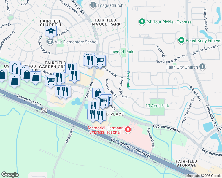map of restaurants, bars, coffee shops, grocery stores, and more near 20327 Concord Hill Drive in Cypress