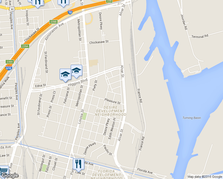 map of restaurants, bars, coffee shops, grocery stores, and more near 3482 Desire Parkway in New Orleans