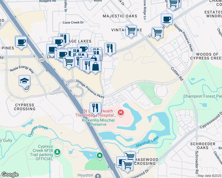 map of restaurants, bars, coffee shops, grocery stores, and more near 14555 Vintage Preserve Parkway in Houston