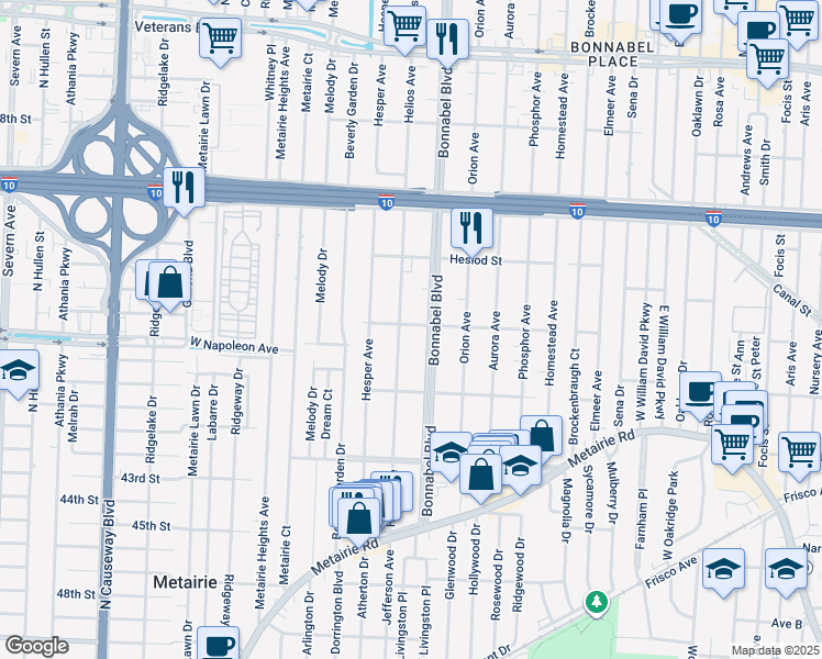 map of restaurants, bars, coffee shops, grocery stores, and more near 1816 Homer Street in Metairie