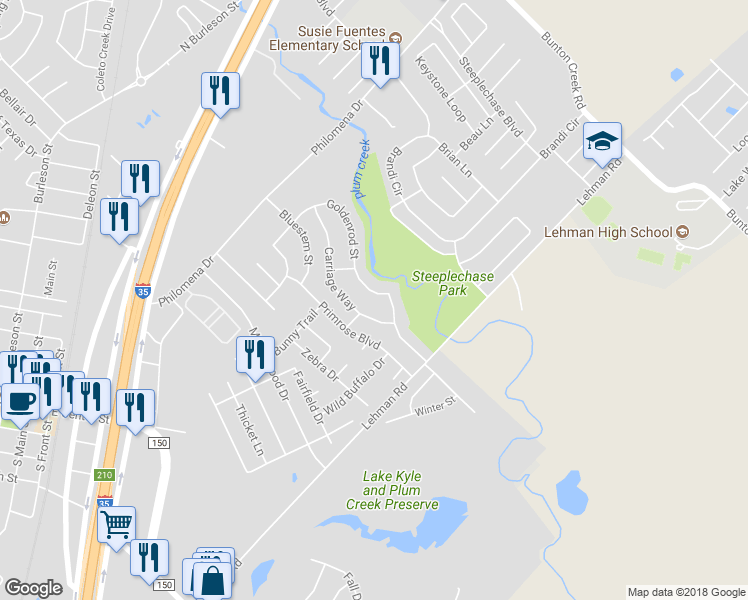 map of restaurants, bars, coffee shops, grocery stores, and more near 770 Goldenrod Street in Kyle