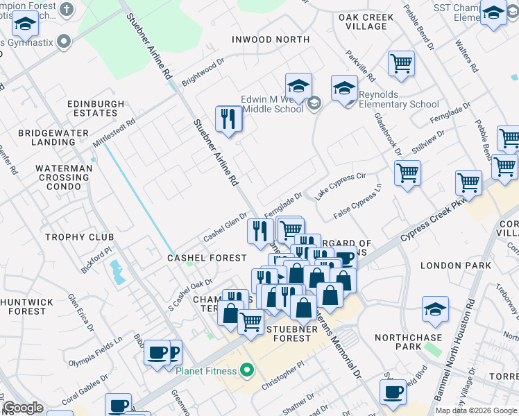 map of restaurants, bars, coffee shops, grocery stores, and more near 14403 Stuebner Airline Road in Houston