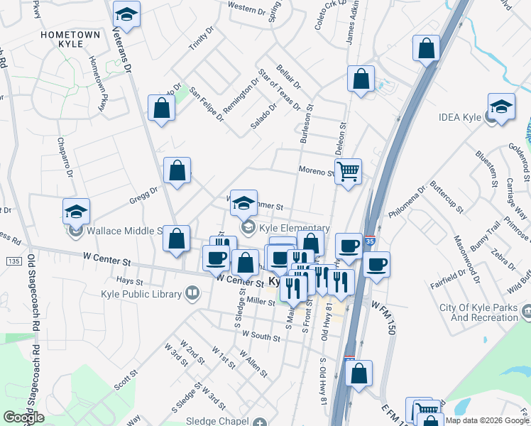 map of restaurants, bars, coffee shops, grocery stores, and more near 406 North Street in Kyle