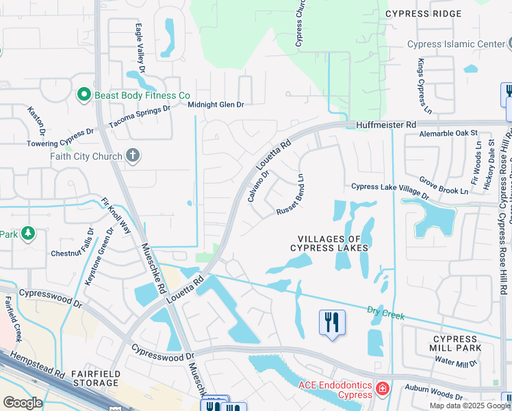 map of restaurants, bars, coffee shops, grocery stores, and more near 19018 Moss Bay Lane in Cypress