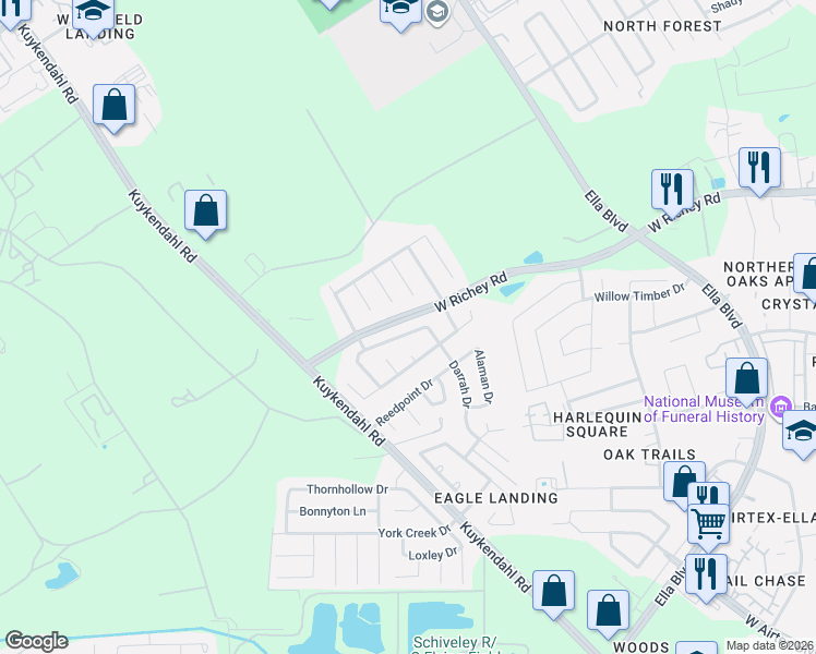 map of restaurants, bars, coffee shops, grocery stores, and more near 1227 Newsome Glenn Drive in Houston