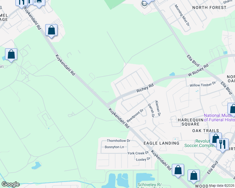 map of restaurants, bars, coffee shops, grocery stores, and more near 14507 Skygaze Street in Houston