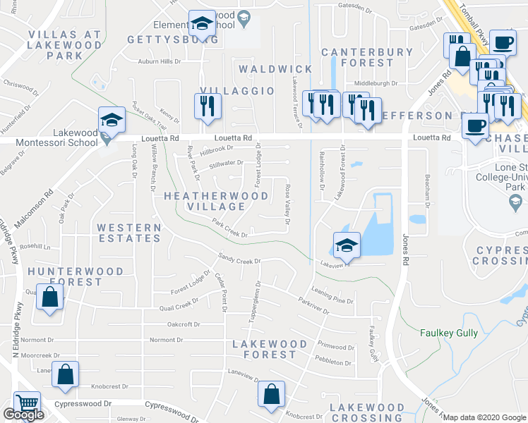 map of restaurants, bars, coffee shops, grocery stores, and more near 11715 Spring Villa Drive in Houston