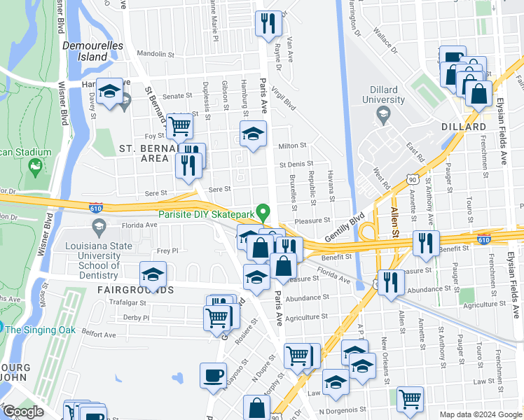 map of restaurants, bars, coffee shops, grocery stores, and more near 1562 Lafreniere Street in New Orleans