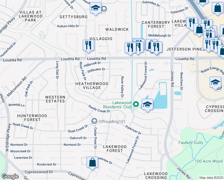 map of restaurants, bars, coffee shops, grocery stores, and more near 11715 Spring Villa Drive in Houston