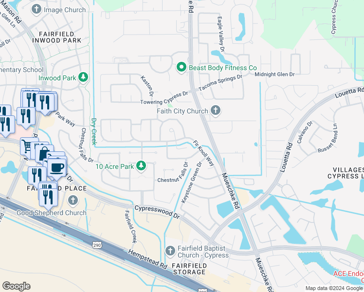 map of restaurants, bars, coffee shops, grocery stores, and more near 19722 Allenwick Hills Court in Cypress