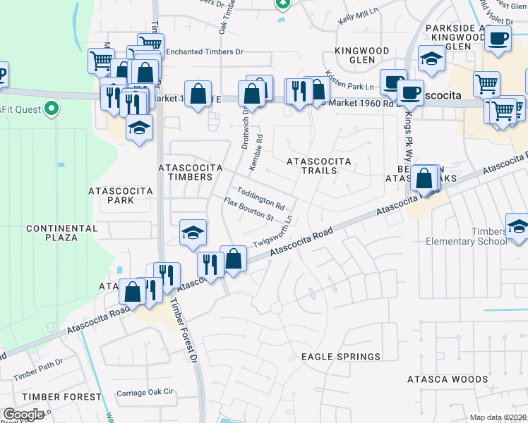 map of restaurants, bars, coffee shops, grocery stores, and more near 5811 Flax Bourton Street in Humble